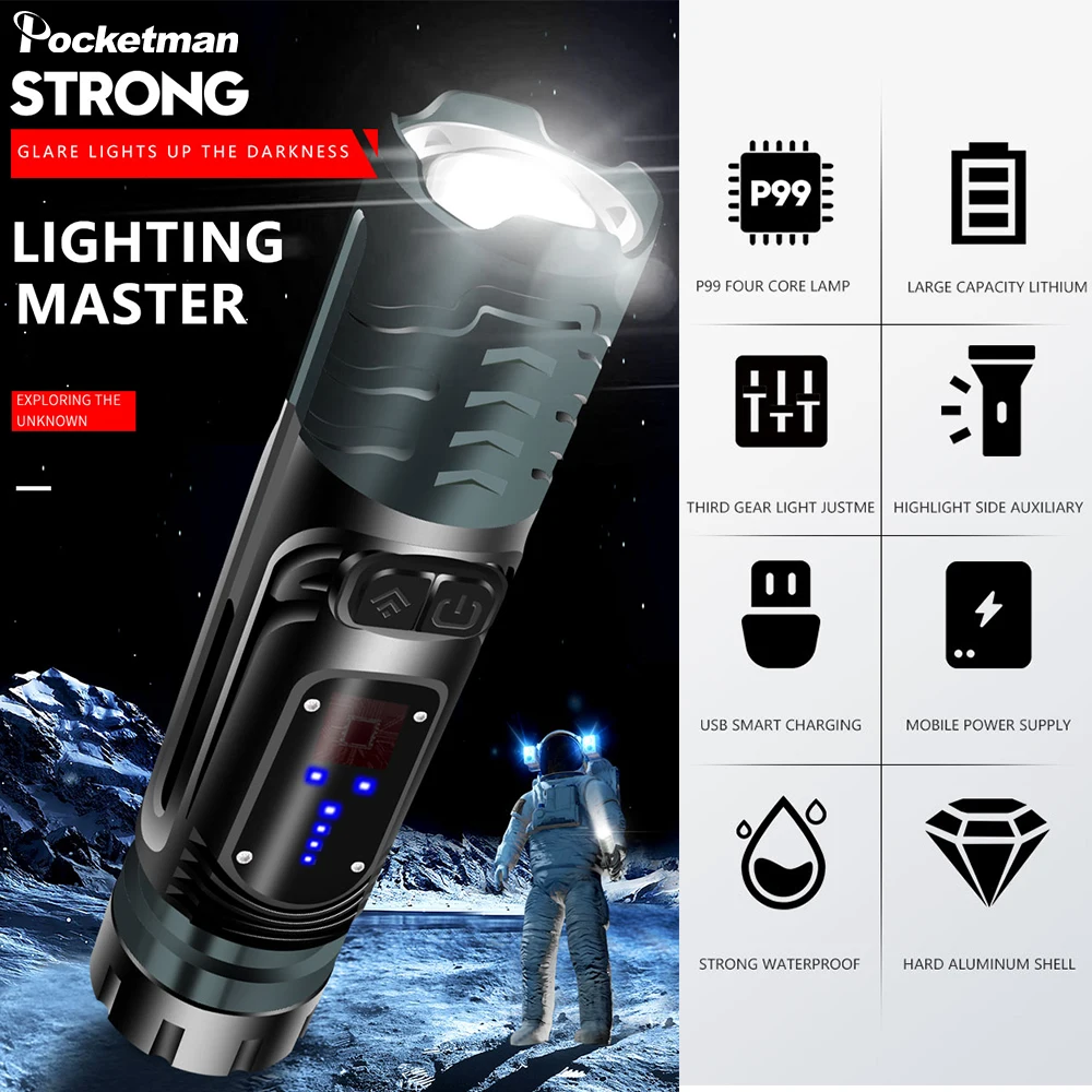 Яркий светодиодный фонарик XHP99 + COB с молотком для окон самообороны