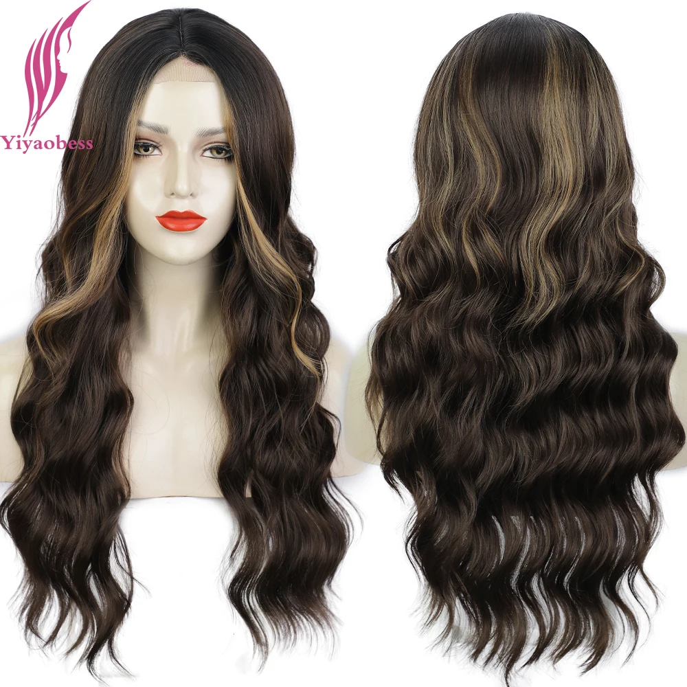 

Yiyaobess 26 дюймов, с подсветкой коричневый черный длинный волнистый парик из синтетических натуральных женских волос афроамериканские парики ...