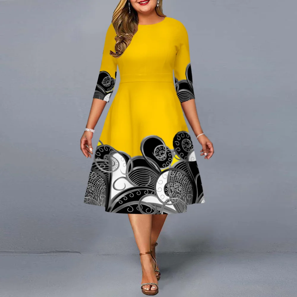 Plus Size Dresses Elegant Tribal Print Casual Midi Dress Black 2021 Autumn Ladies Round Neck Christmas Evening Outfits 4XL 5XL |