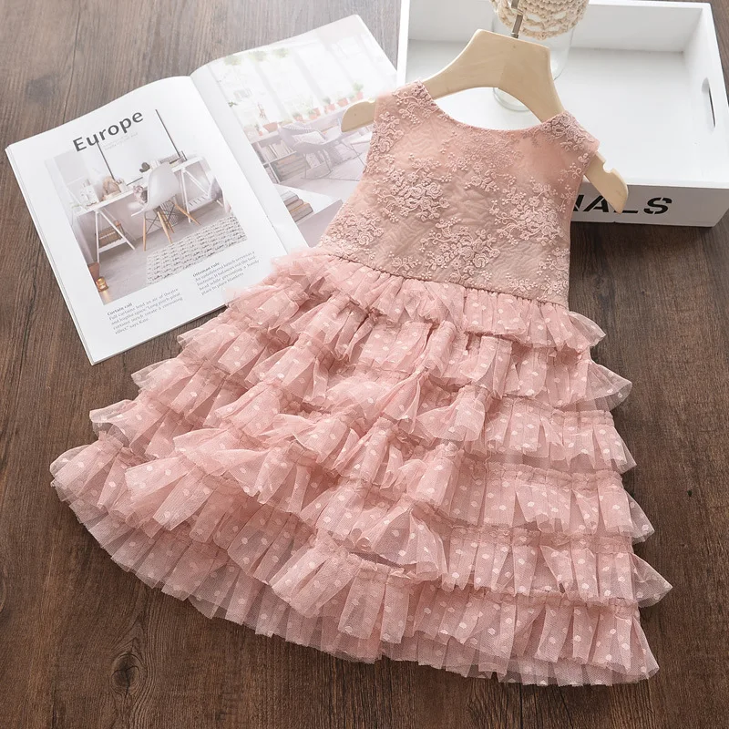 

Summer Girls Lace Dress Children White Vest Dress Baby Pink Princess Mesh Dress Baby Puffy Cake Dresses Flower Girl Dresses 1-7Y