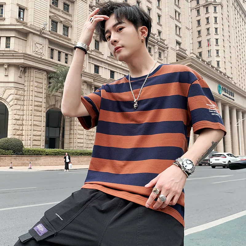 

2020 Summer new style short-sleeved trendy handsome striped casual sports T-shirt