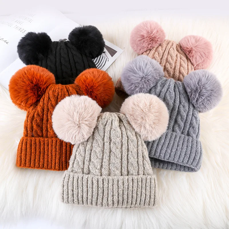 New Warm Knitted Women's Hat Striped Winter Hats For Men Double Fur Pompom Wool Beanies Thick Skullies Cap faux Pompom Hat Femme