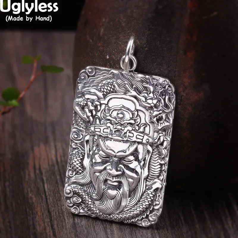 

Uglyless Chinese Characteristics God of Wealth Mr GUAN YU GUAN GONG Pendants for Men 990 Thai Silver Square Necklaces NO Chains