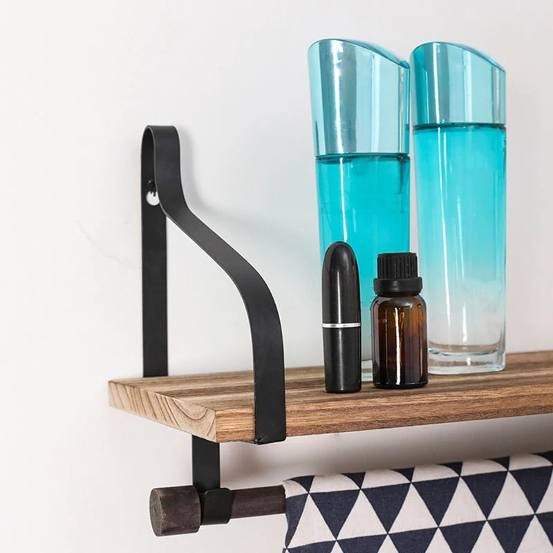 

Floating Wall Shelf Mounted Rustic Wood for Bathroom Kitchen Decoration Eco-Friendly Storage Removable Hooks