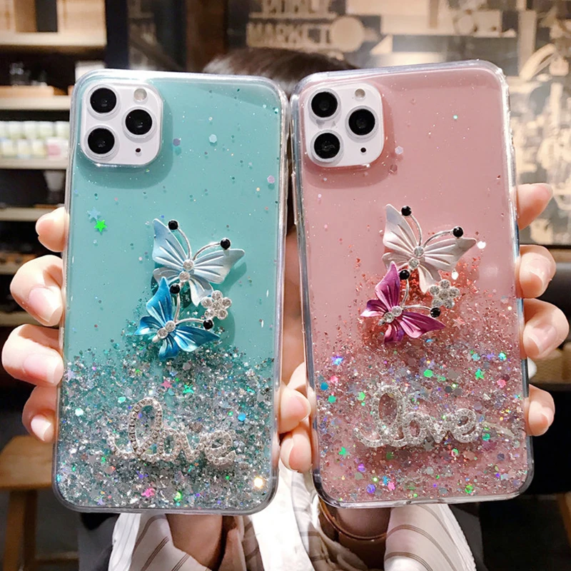Чехол для iPhone 12 11 Pro X XR XS Max 8 7 6 6s Plus SE из мягкого ТПУ с блестками и надписью