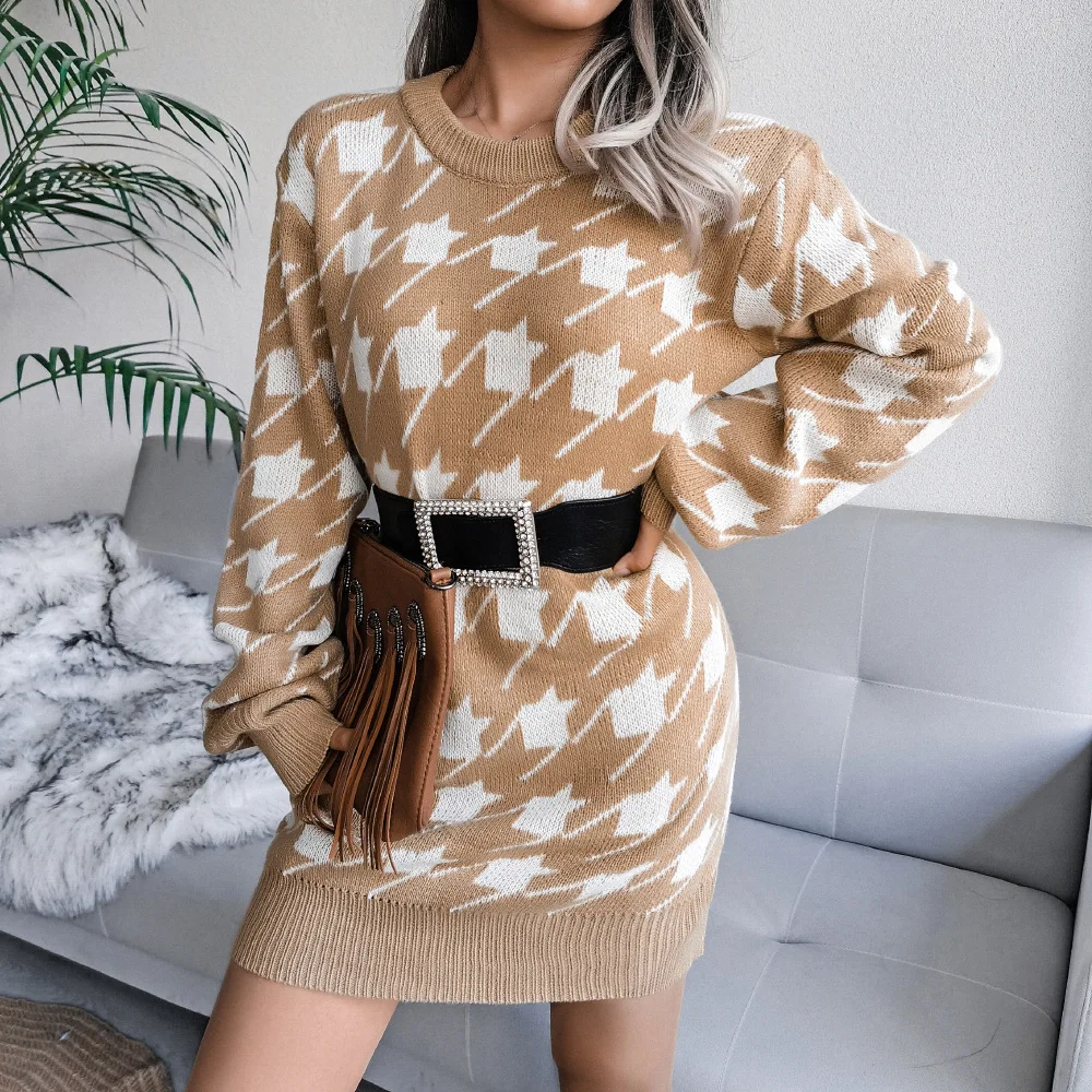 

Autumn Winter Lantern Sleeve O-neck Pullover Knitted Bird Lattice Wrap Sweater Dress Women Clothing 2021 Sexy Casual Loose Tunic