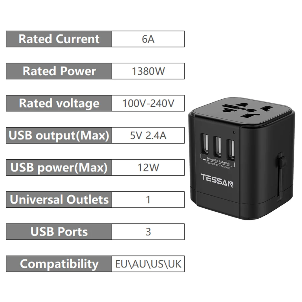 Дорожный переходник с 3 USB портами 1 неразъемным розеткой и запасным