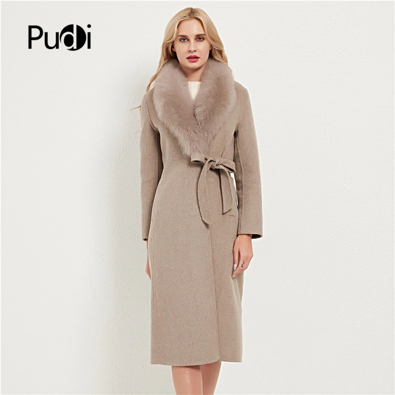 

Pudi Women Real Fox Fur Coat Jacket Female Lady Wool Blends Coats Jackets Trench With Fox Collar CT031