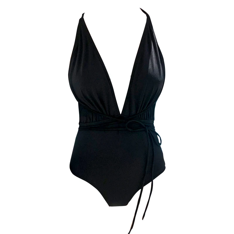 

Black new deep V backless European and American retro sexy one-piece swimsuit female vacation cover belly slim bikini