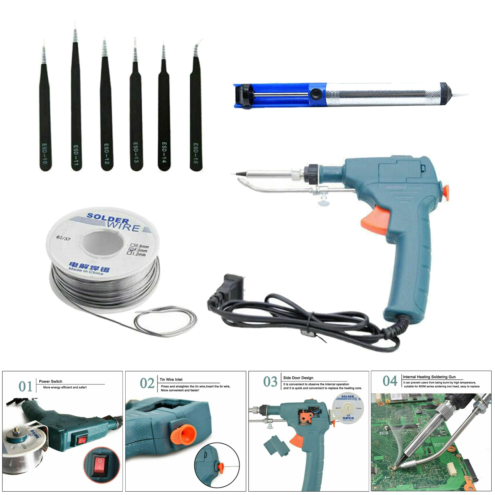 

110V Auto Electric Soldering Iron Temperature Gun with Tweezers Tin Wire US