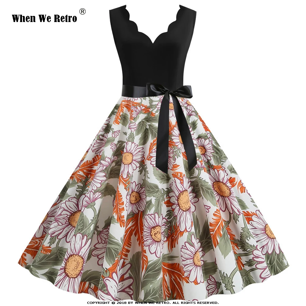 

Casual Floral Printed Vintage Dresses Summer Women Elegant Sleeveless V Neck Black Party Dress Female Vestidos QY0884