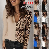 women white v neck leopard printed splicing shirt loose tops casual chiffon woman blouse womens fashion street clothes s 2xl
