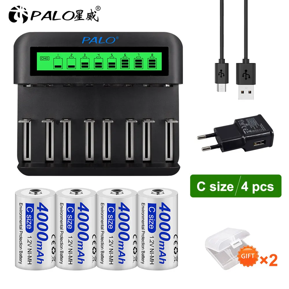 PALO R14 C Cell rechargeable battery 4000mAh Size Rechargeable Battery 1.2V batteries NIMH + LCD Charger For AA AAA D | Электроника