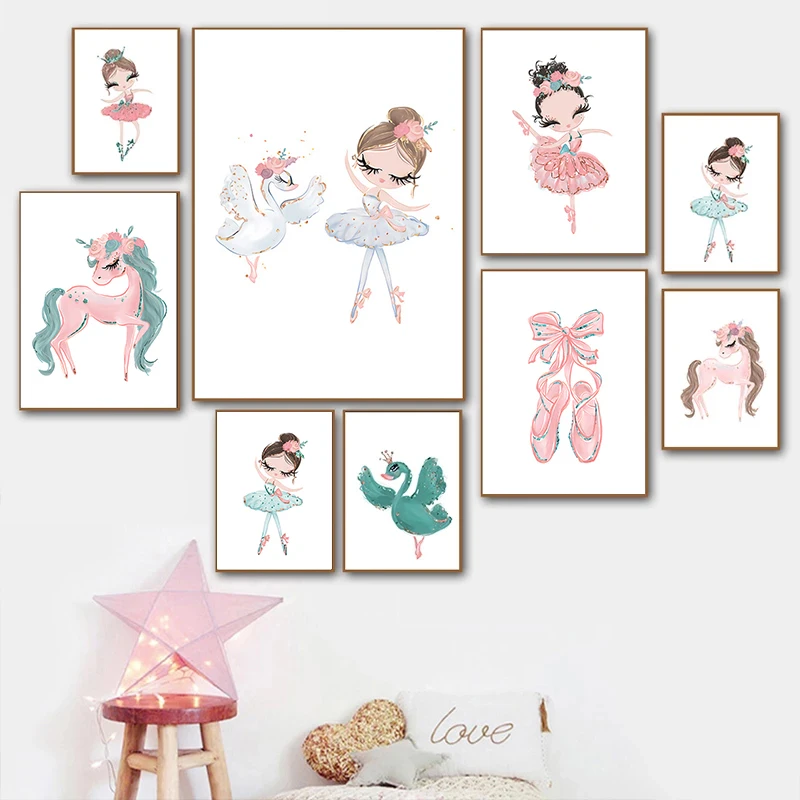 Для маленьких девочек Детская Wall Art розовый плакат Лебедь балерина холст картины
