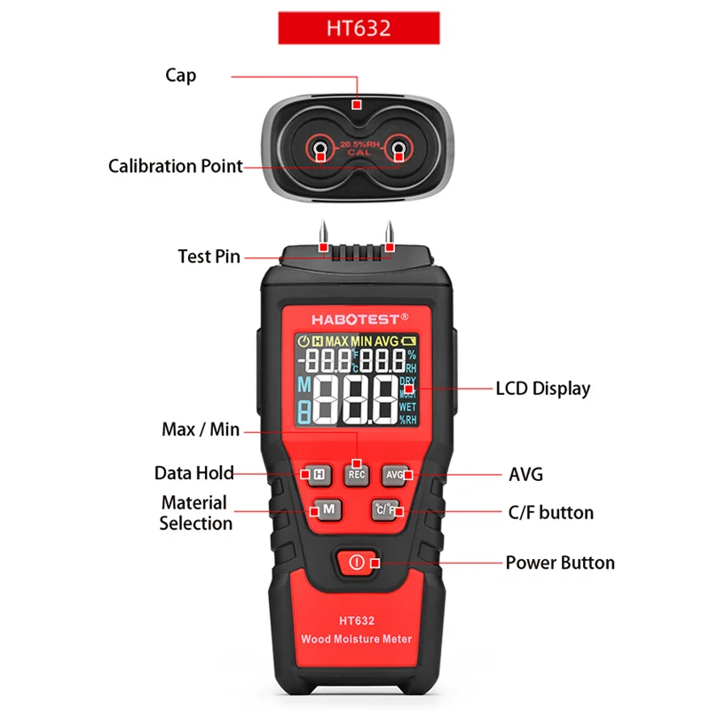 HABOTEST HT632 Digital Wood Moisture Meter Two Pins LCD Color Display Timber Damp Analyzer Material Hygrometer Temp Data Hold |