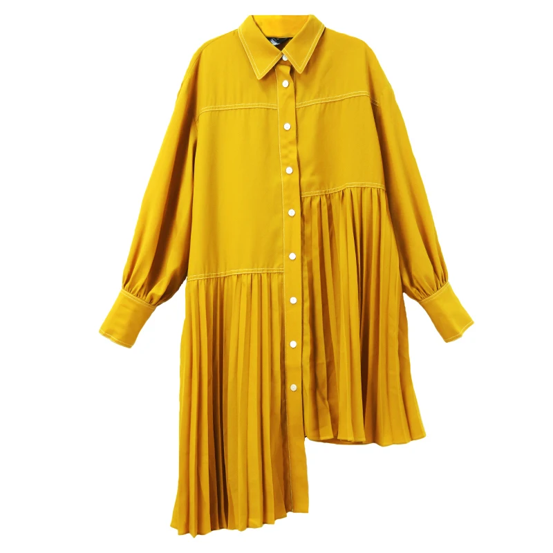 yellow LANMREM Solid Color Lapel Long Sleeve Stitching Pleats Irregular Woman Dress Sweet Casual Simple Fashion Spring New TV539 - Цвет: yellow