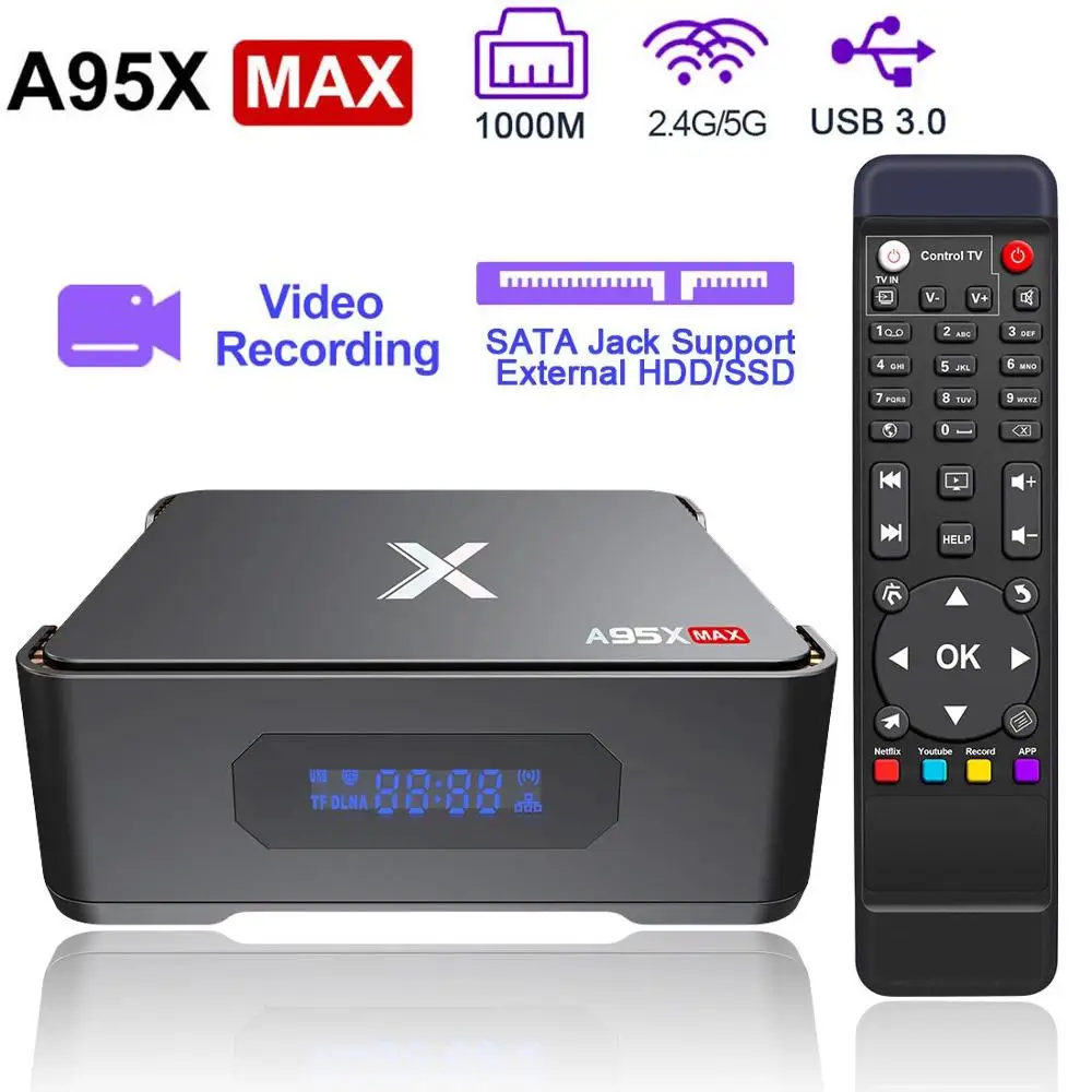 ТВ приставка для видеосъемки A95X MAX X2 Android 4 Гб 64 Amlogic S905X2 2 ГГц и 5 WiFi BT 4.2 1000M 4K HD Smart TV