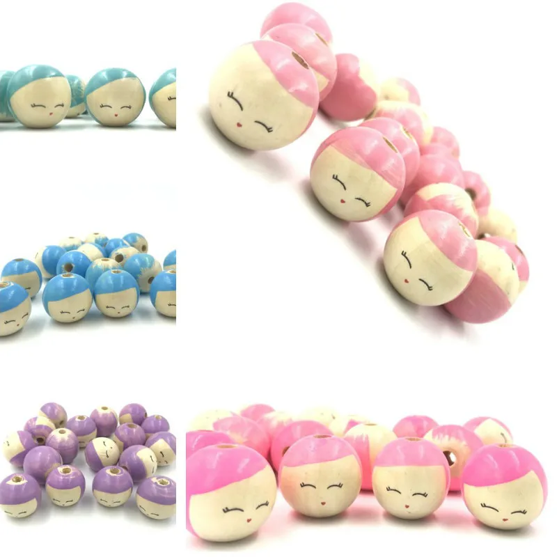 DIY 10PCS Natural Wood Beaded Dolls Smile Round Beads For Baby Pacifier Chain Crafts Bead Diameter 25mm Hole Diameter 5mm