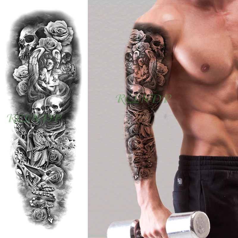 Водонепроницаемый Временные татуировки стикер череп Девушка Крест роза цветок