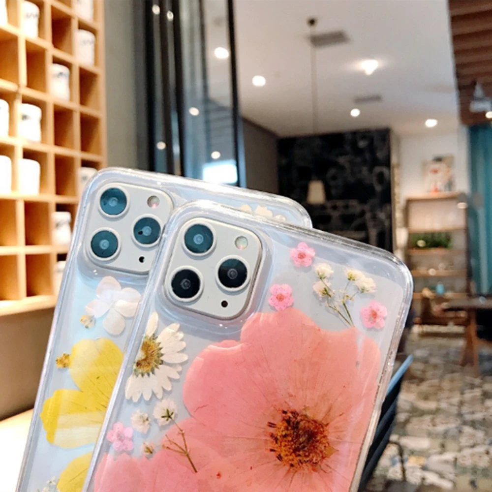 

2021 Hot Sale Glitter Clear 3D Real Flowers Phone case For iPhone 11 Pro MAX 6s 8 7 Plus XSMAX XR TPU Eternal flower