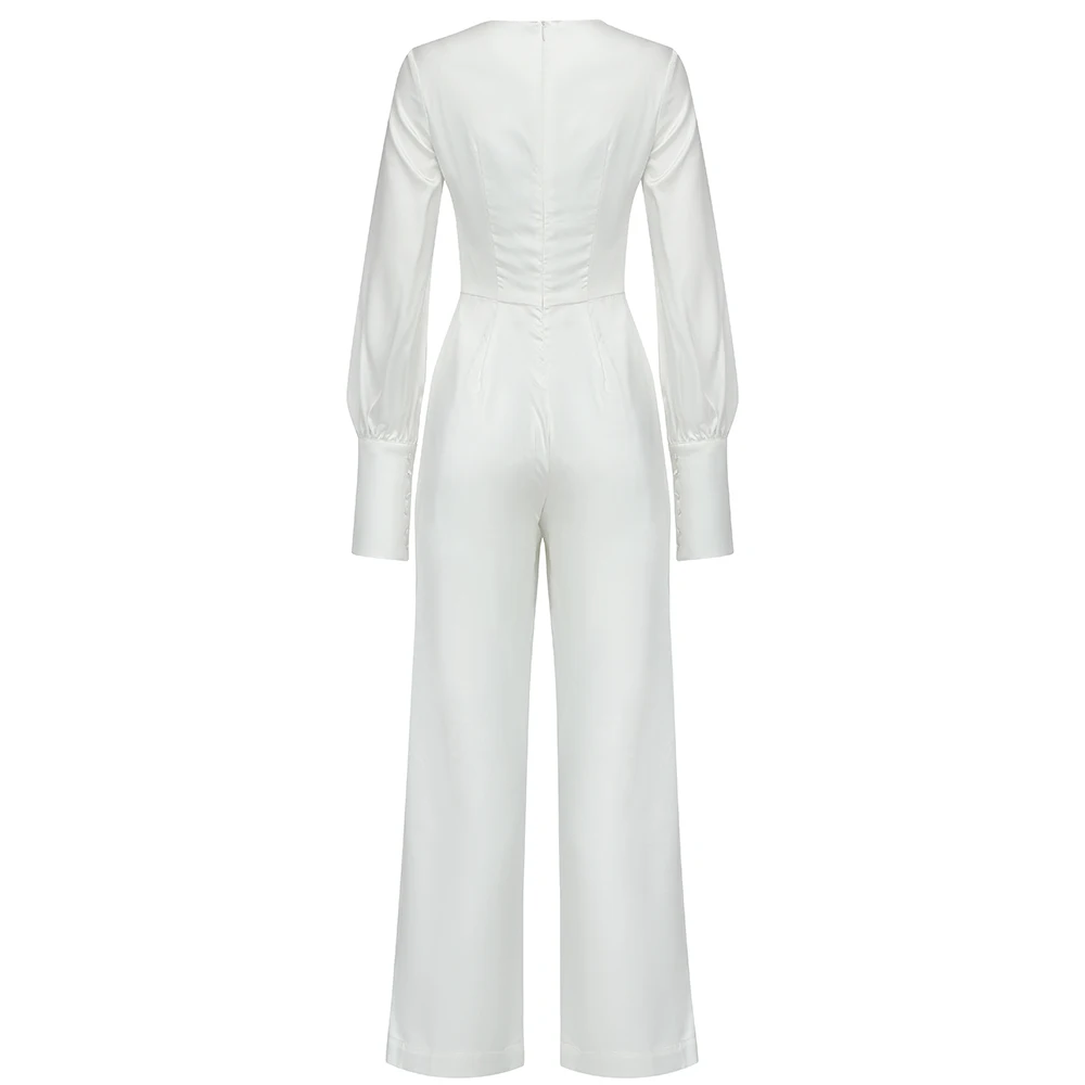 

Autumn New Arrivals High Quality White Deep V Neck Office Lady Long Sleeves Fold Casual Jumpsuits