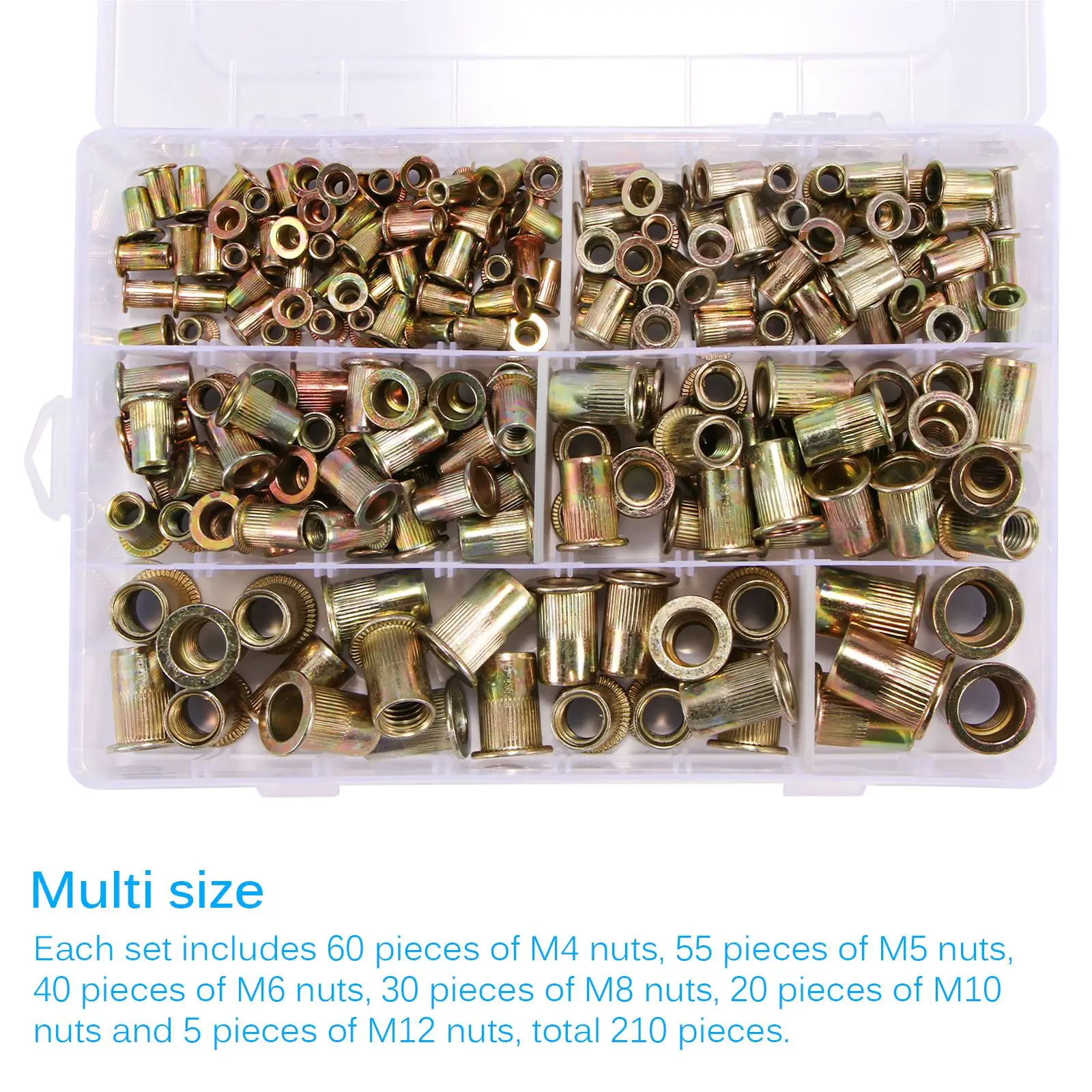 

210pcs Rivet Nut M4 M5 M6 M8 M10 M12 Flat-Head Striped Nut Carbon Steel Threaded Insert Multi-Size For Steel Plastic Fibreglass