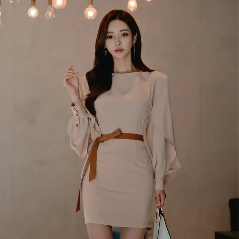 2019 осеннее женское однотонное мини-платье с круглым вырезом офисное платье