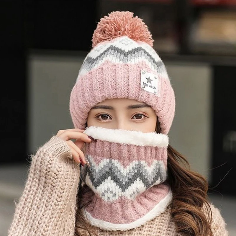 

Beanie Hats Scarf Suit For Women Autumn Winter Knitteed Woolen Hat Plush Ball Thick Plus Velvet Cycling Cap Mask Neck Scarf Sets