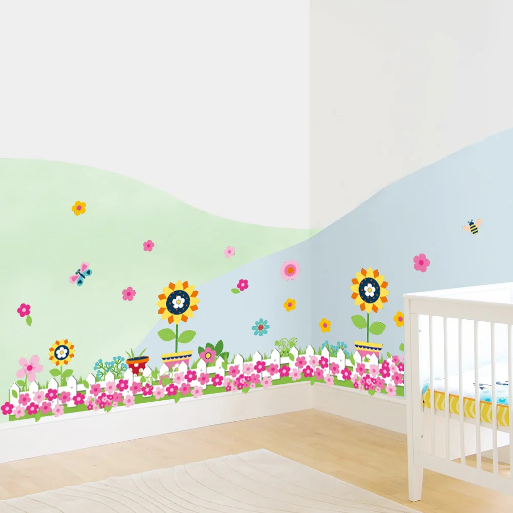 

Blooming Colorful Flower Butterfly Fence Wall Stickers For Baseboard Living Room Decor Diy Plant Mural Art Home Decal