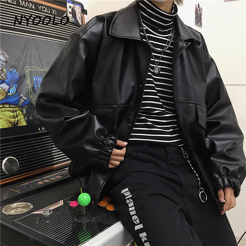 NYOOLO Autumn Winter street pockets motorcycle jacket Casual loose Covered Button PU leather Bomber jackets women men outerwear