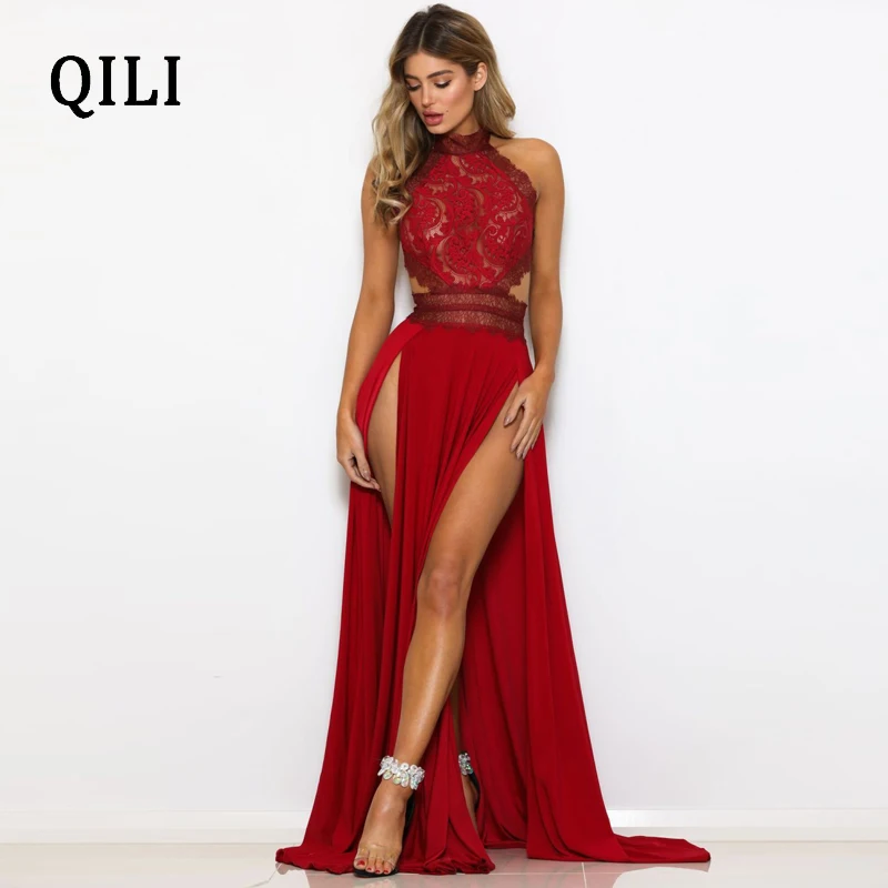 QILI Черное Красное Кружевное длинное платье макси для женщин с открытой спиной