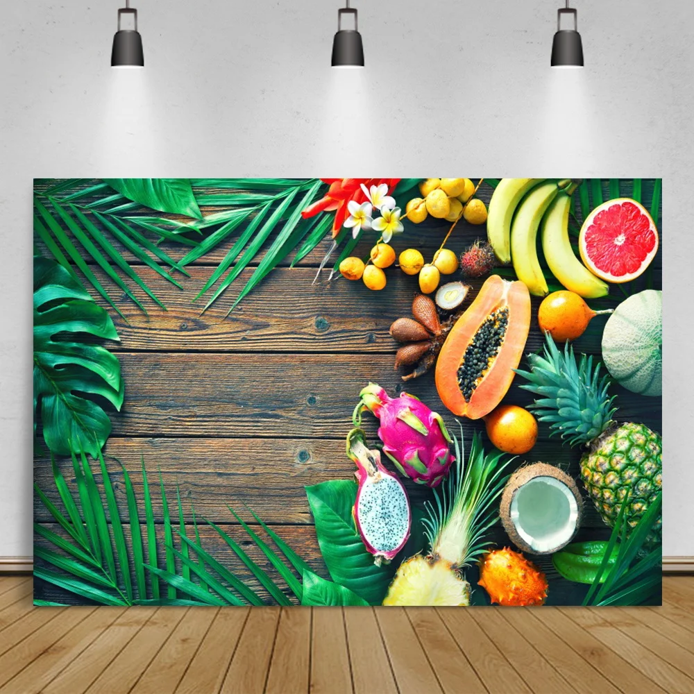 Laeacco Wood Backdrops For Photography Fruit Tropical Flowers Garden Tools Pet Portrait Photographic Background For Photo Studio