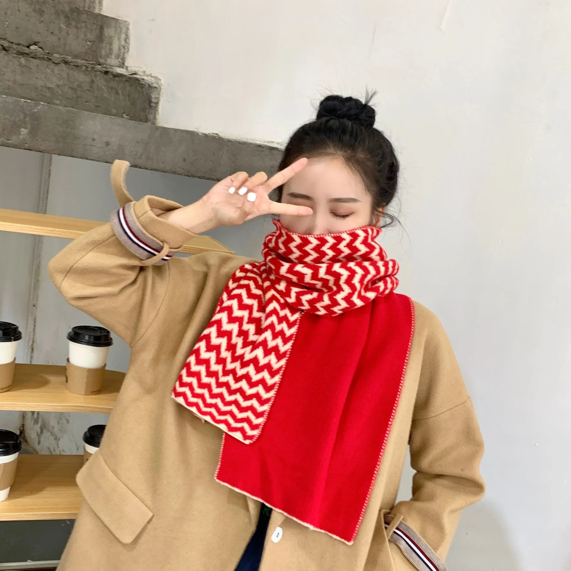 

2021 Korean autumn winter new striped women's scarf Arctic velvet wool knitted scarf thickened warm shawl striped splicing scarf