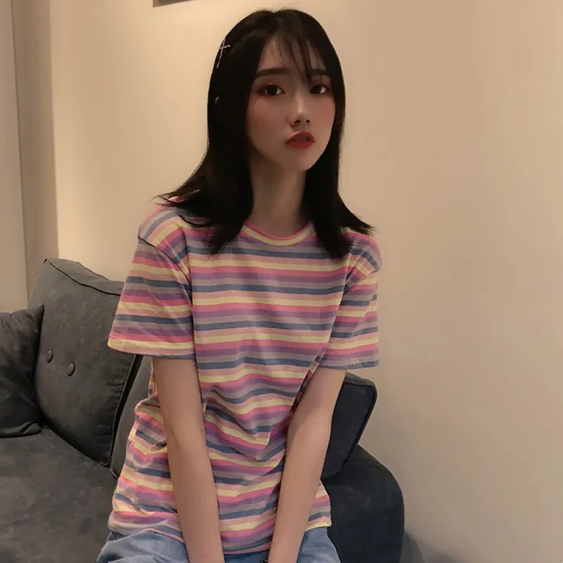 Футболка женская в радужную полоску модный топ хлопковая Базовая Свободная