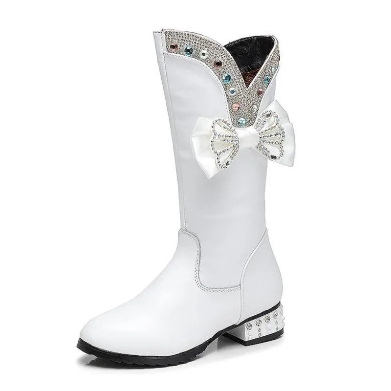 white with velvet Weoneit/осенне-зимние ботинки для девочек детская обувь принцессы детская обувь с хлопчатобумажными стельками зимние ботинки высокие ботинки 4 цвета, CN 28-40 - Цвет: white with velvet