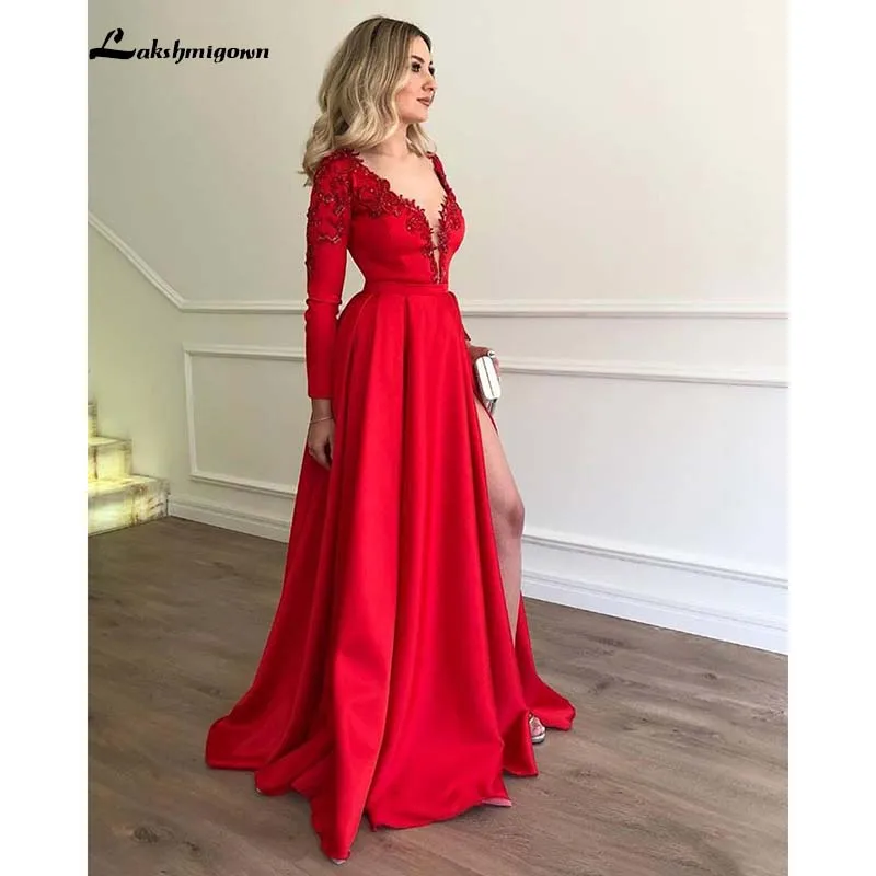 2020 ТРАПЕЦИЕВИДНОЕ красное платье с длинными рукавами и разрезом спереди дешевые