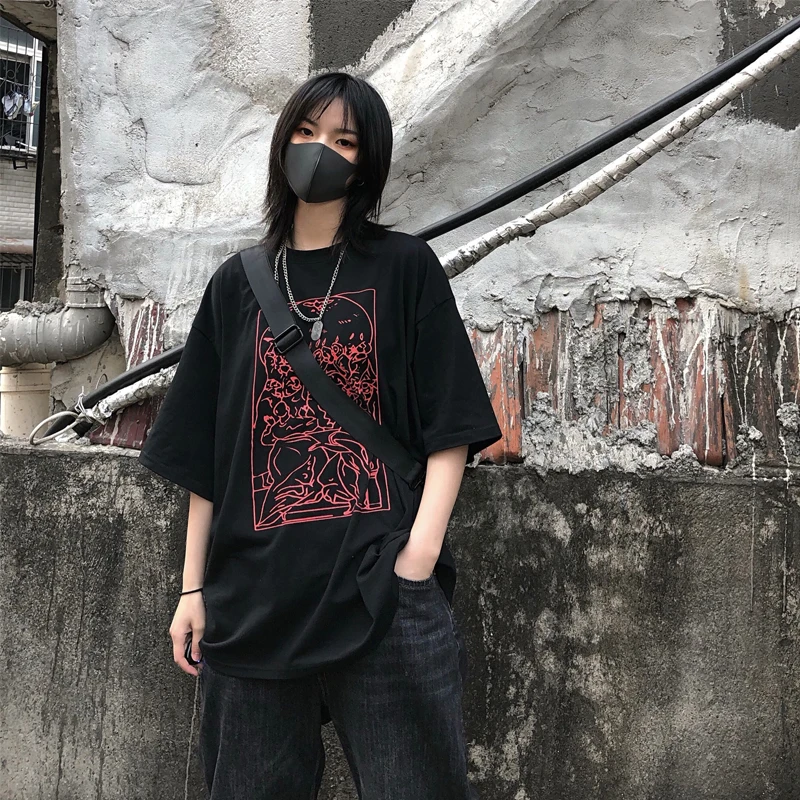 Черная Женская футболка в стиле панк Харадзюку уличная одежда свободные топы