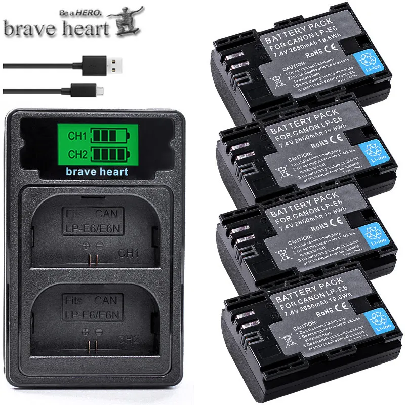 charger and 4battery 4 шт полный код батареи LP-E6 LPE6 LP E6 батареи+ ЖК двойное зарядное устройство для Canon 5D Mark II Mark III 6D 7D 60D 60Da 70D 80D DSLR - Цвет: charger and 4battery