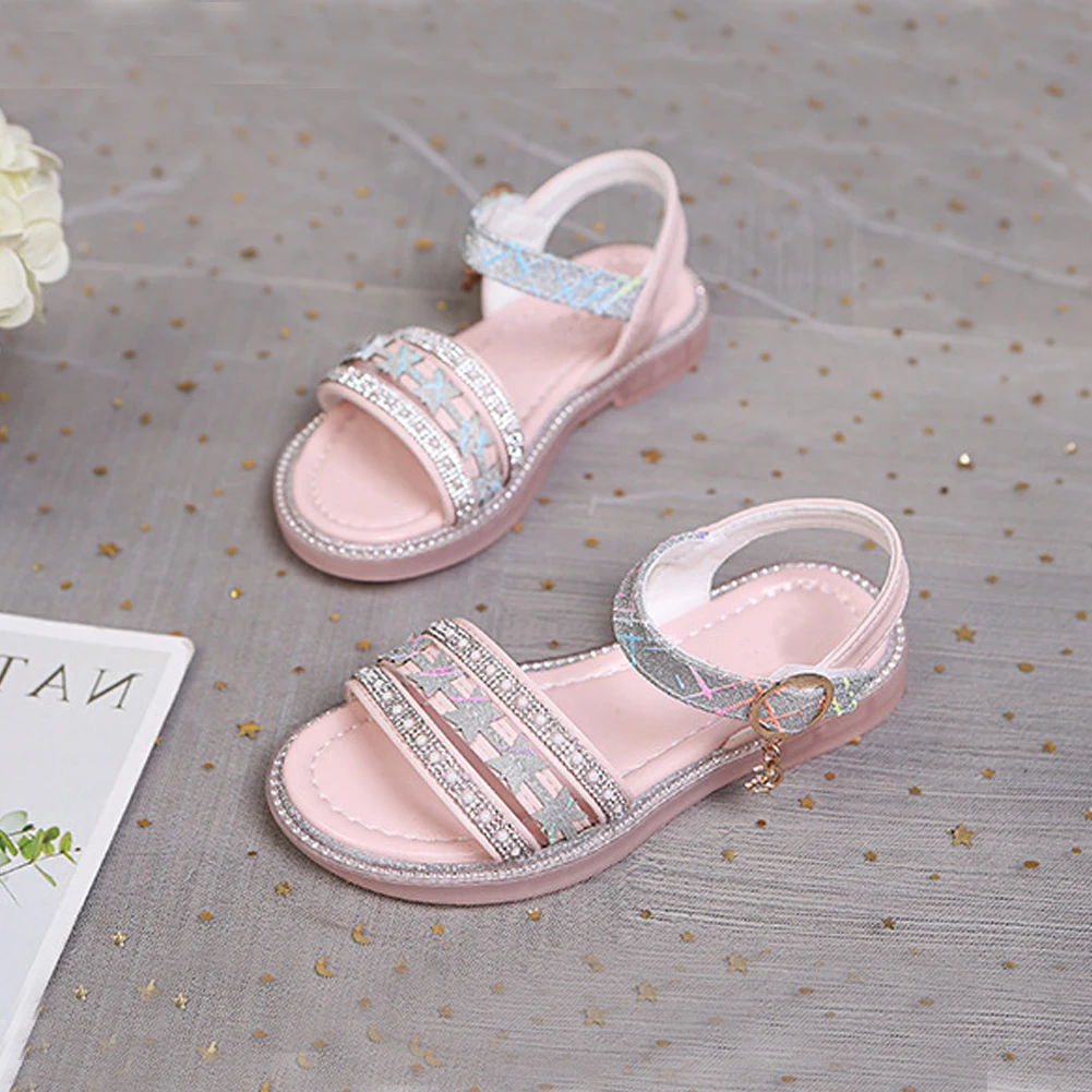

Rhinestone Sandals for Girls Sweet Sandal Princess Summer Flat Bling Shoes Anti-Slippery Children Party Wedding Sparkly Shoe