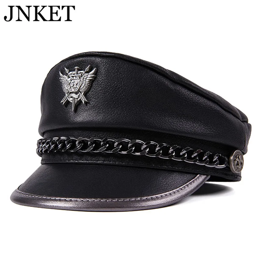 

JNKET новая унисекс шапка в стиле милитари из овечьей кожи с цепочкой осенне-зимняя шапка берет с коротким козырьком плоские шапки кепка газет...