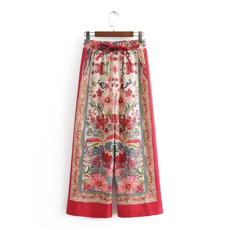 

Брюки женские с широкими штанинами и цветочным принтом, с завязкой