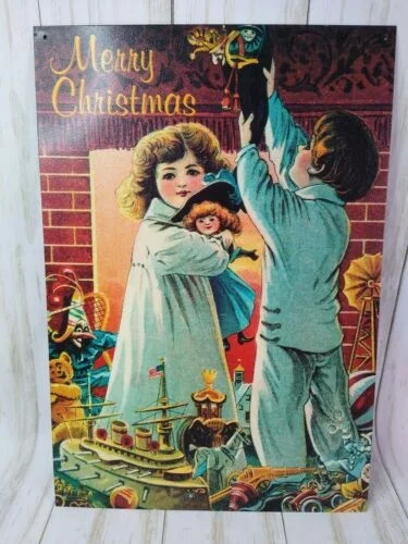 

Merry Christmas Children Toys Tin Metal Sign Decor Holiday 1993