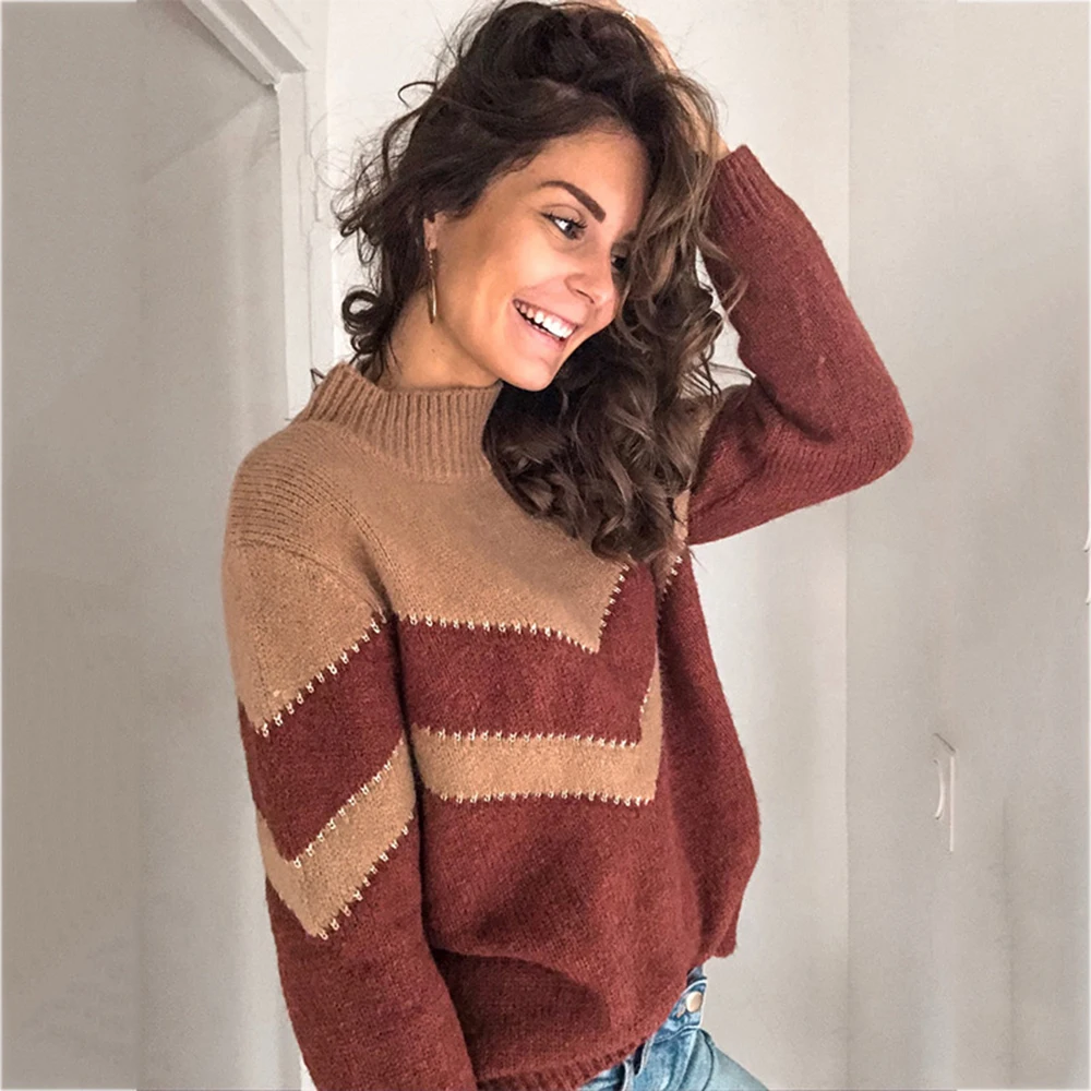 

Women's Round Neck Patchwork Sweaters Fashion Striped Long Sleeve Knitted Jumpers Womens Pullover Tops Winter Clothes