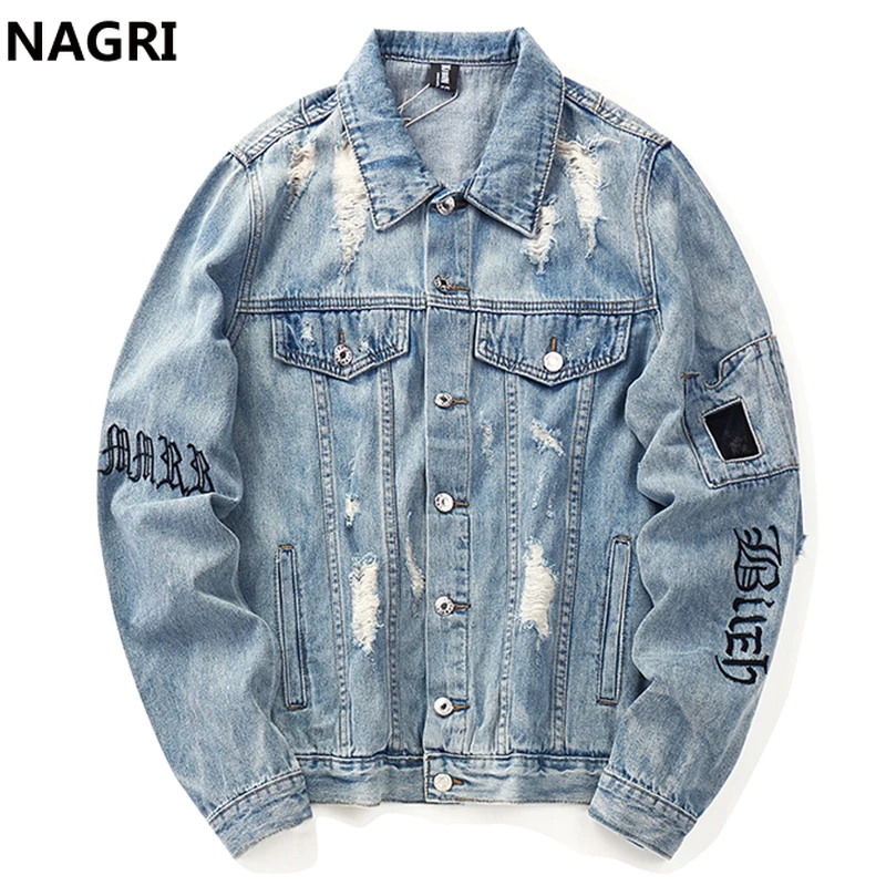 Джинсовая куртка мужская рваная уличная одежда в стиле панк рок рваные джинсы