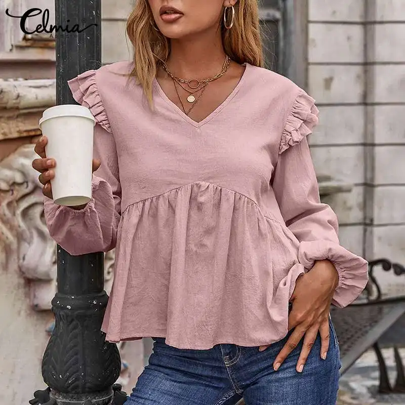 

Celmia Fashion Women Puff Long Sleeve Ruffles Blouses Autumn Pleated Peplum Party Tops Sexy V Neck Solid Casual Shirts Tunic