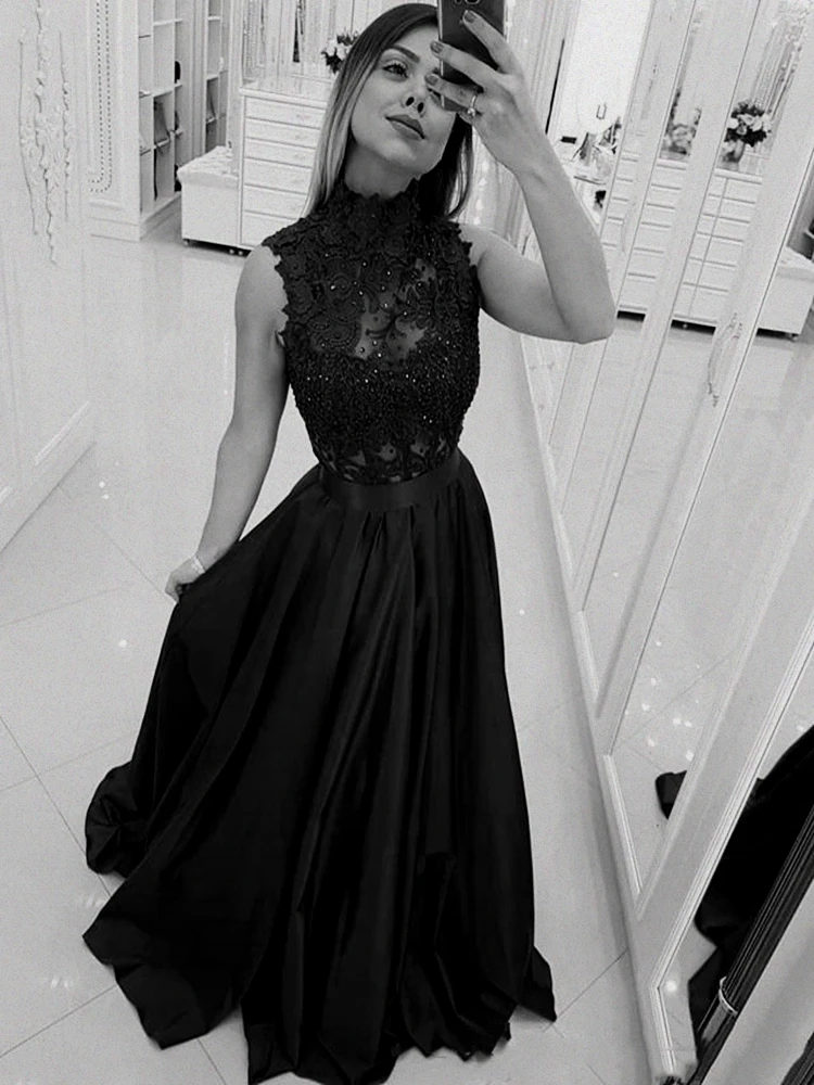 2020 High Collar Sleeveless Evening Dresses Lace Applique Buttons Back Mother of the Bride Dress Satin A Line Prom Gowns | Свадьбы и