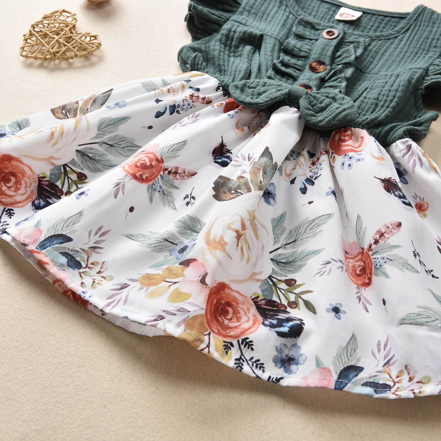 

Summer Princess Infant Baby Girls Dress Bowknot Flowers Print Ruffles Sleeve Knee Length A-Line Dress