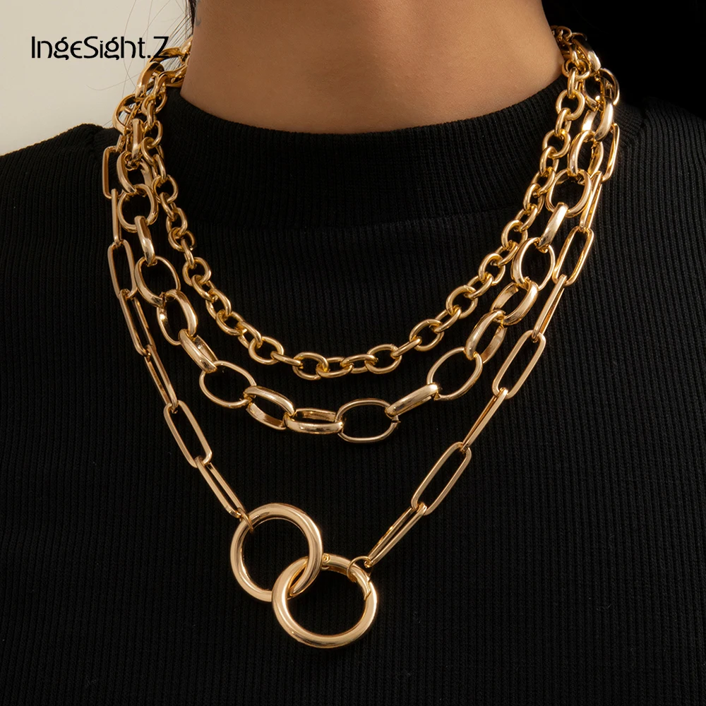 

IngeSight.Z 3Pcs/Set Kpop Round Circle Ring Pendant Necklace Vintage Multi Layered Chunky Thick Choker Necklaces Female Jewelry