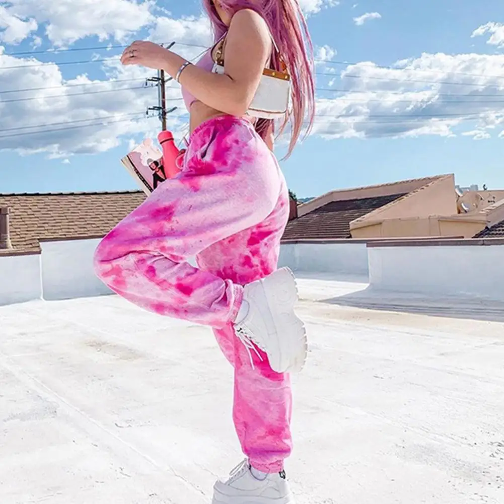 

Women Elastic High Waist Rainbow Tie-dye Slim Casual Pants Street Style Trousers