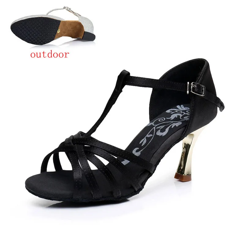 black 7.5cm outdoor Женская обувь для латинских танцев; атласная Обувь для бальных танцев; сандалии для танго и сальсы; Каблук 5 см/7 см - Цвет: black 7.5cm outdoor